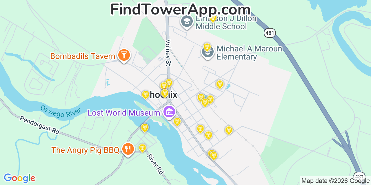 Map showing the 20 primary cell tower locations detected in Phoenix, New York from AT&T, Verizon, and T-Mobile networks