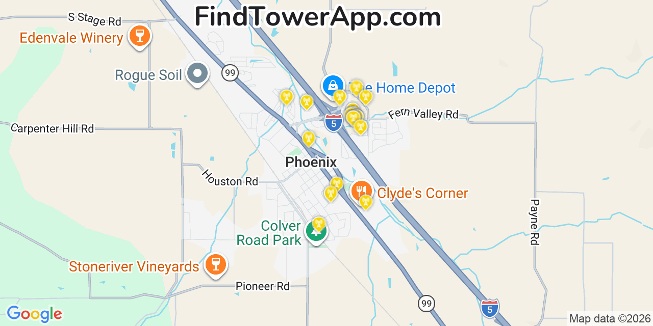 Map showing the 20 primary cell tower locations detected in Phoenix, Oregon from AT&T, Verizon, and T-Mobile networks