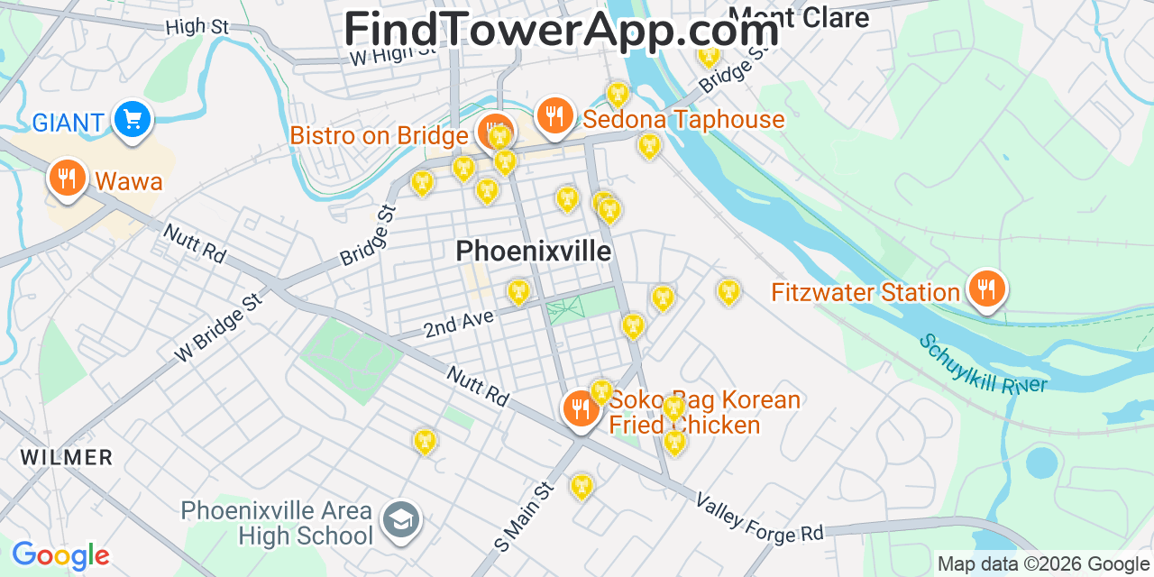 Map showing the 20 primary cell tower locations detected in Phoenixville, Pennsylvania from AT&T, Verizon, and T-Mobile networks