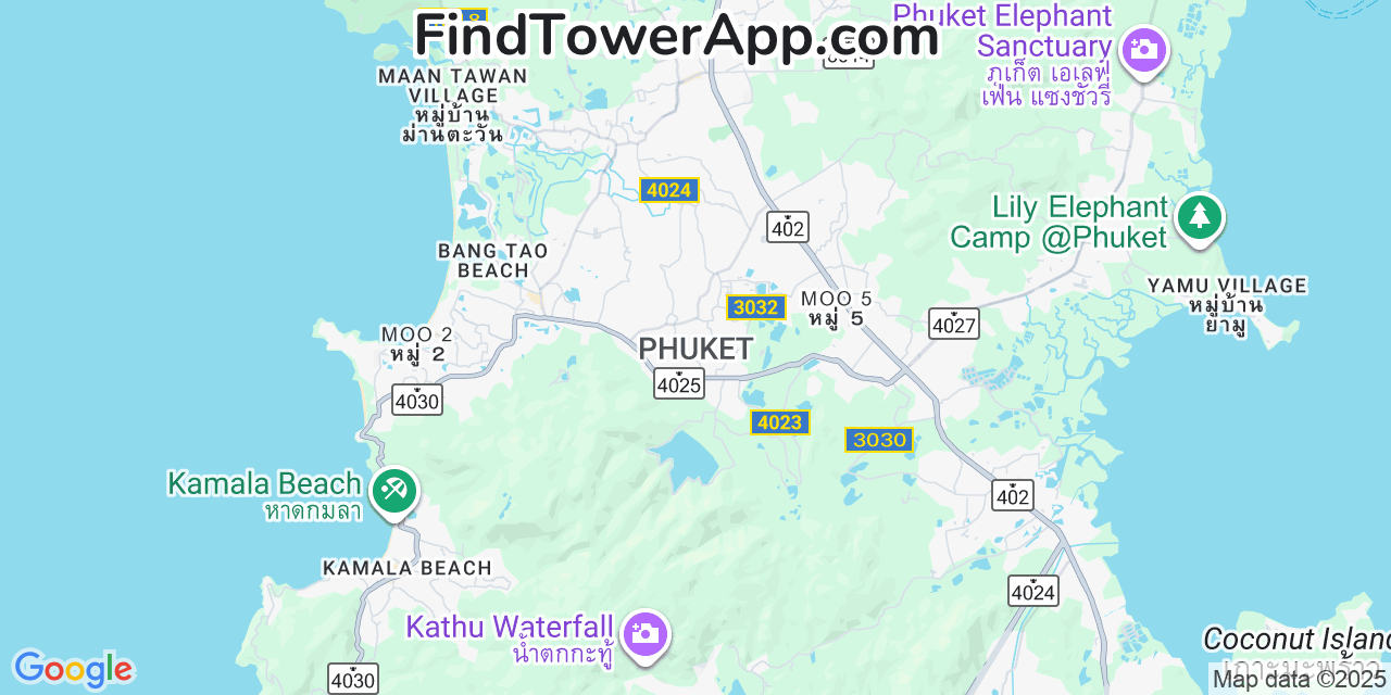 Map showing the 0 primary DTAC cell tower locations detected in Phuket, Thailand with coverage radius and signal strength indicators