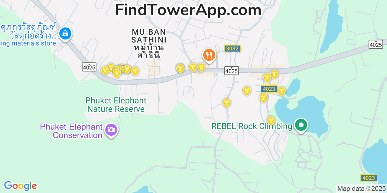 Map showing the 20 primary cell tower locations detected in Phuket, Thailand with coverage areas and signal strength