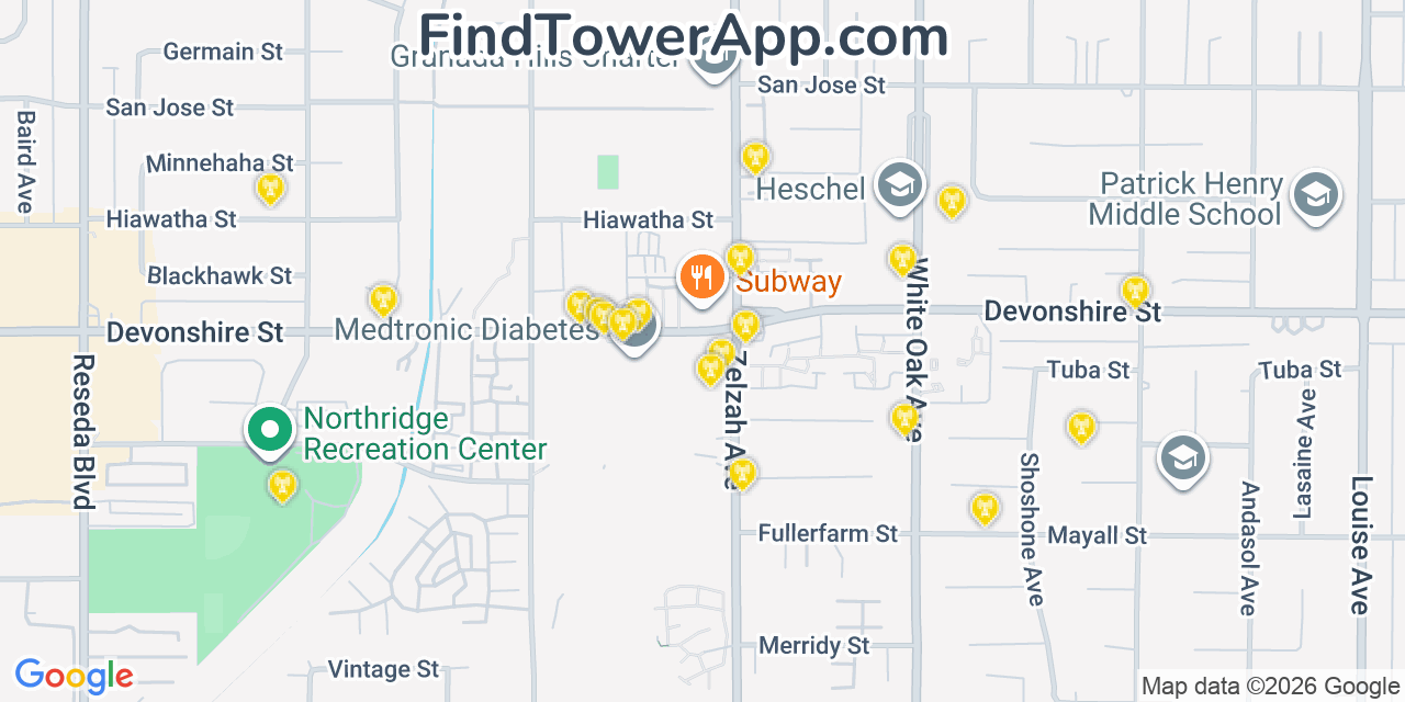 Map showing the 20 primary AT&T cell tower locations detected in Pi�On Hills, California with coverage radius and signal strength indicators