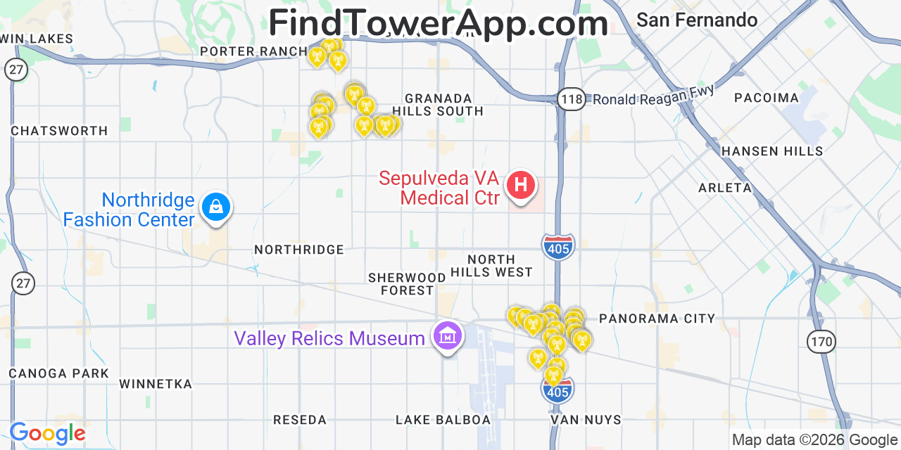 Map showing the 38 primary Verizon cell tower locations detected in Pi�On Hills, California with coverage radius and signal strength indicators