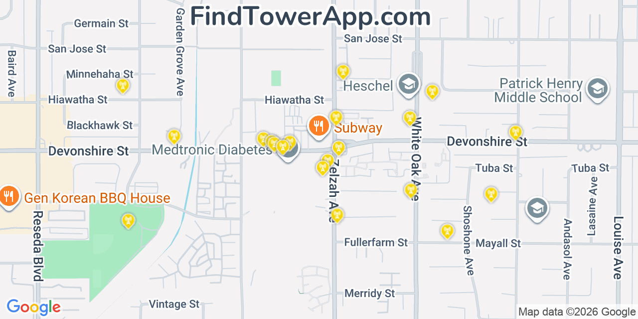Map showing the 20 primary AT&T cell tower locations detected in Pi�On Hills, California with coverage radius and signal strength indicators