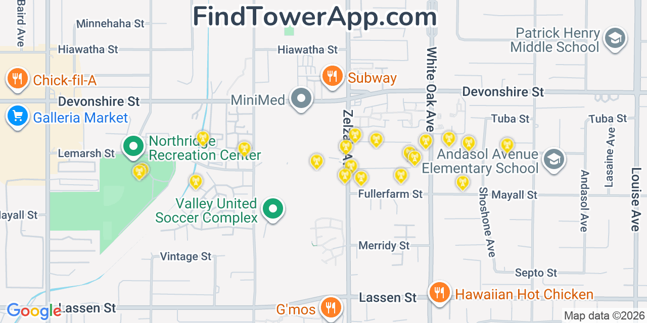 Map showing the 20 primary cell tower locations detected in Pi�On Hills, California from AT&T, Verizon, and T-Mobile networks