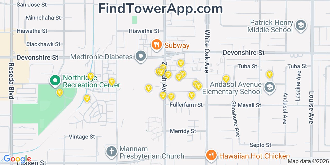 Map showing the 20 primary T-Mobile cell tower locations detected in Pi�On Hills, California with coverage radius and signal strength indicators