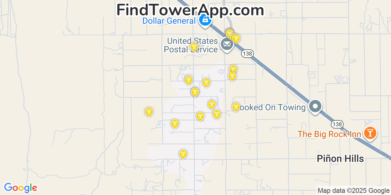 Map showing the 20 primary cell tower locations detected in Piñon Hills, California from AT&T, Verizon, and T-Mobile networks