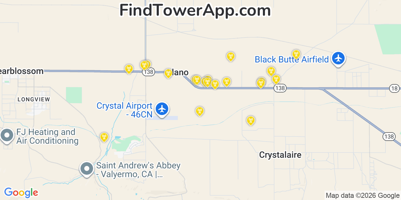 Map showing the 20 primary AT&T cell tower locations detected in Piã¯â¿Â½On Hills, California with coverage radius and signal strength indicators