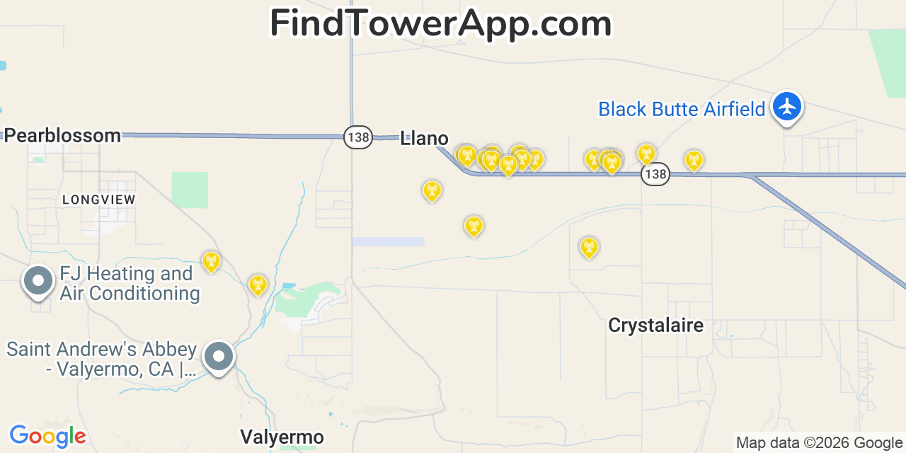 Map showing the 20 primary AT&T cell tower locations detected in Piãƒâ¯ã‚Â¿Ã‚Â½On Hills, California with coverage radius and signal strength indicators