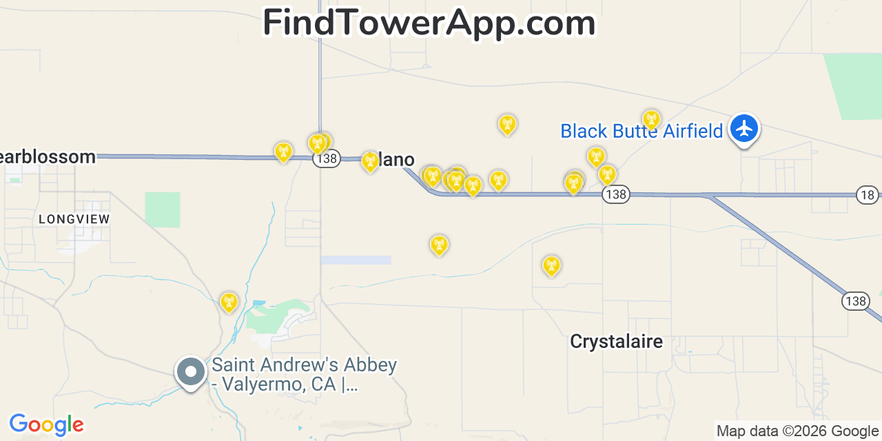 Map showing the 20 primary AT&T cell tower locations detected in Piãƒâ¯ã‚Â¿Ã‚Â½On Hills, California with coverage radius and signal strength indicators