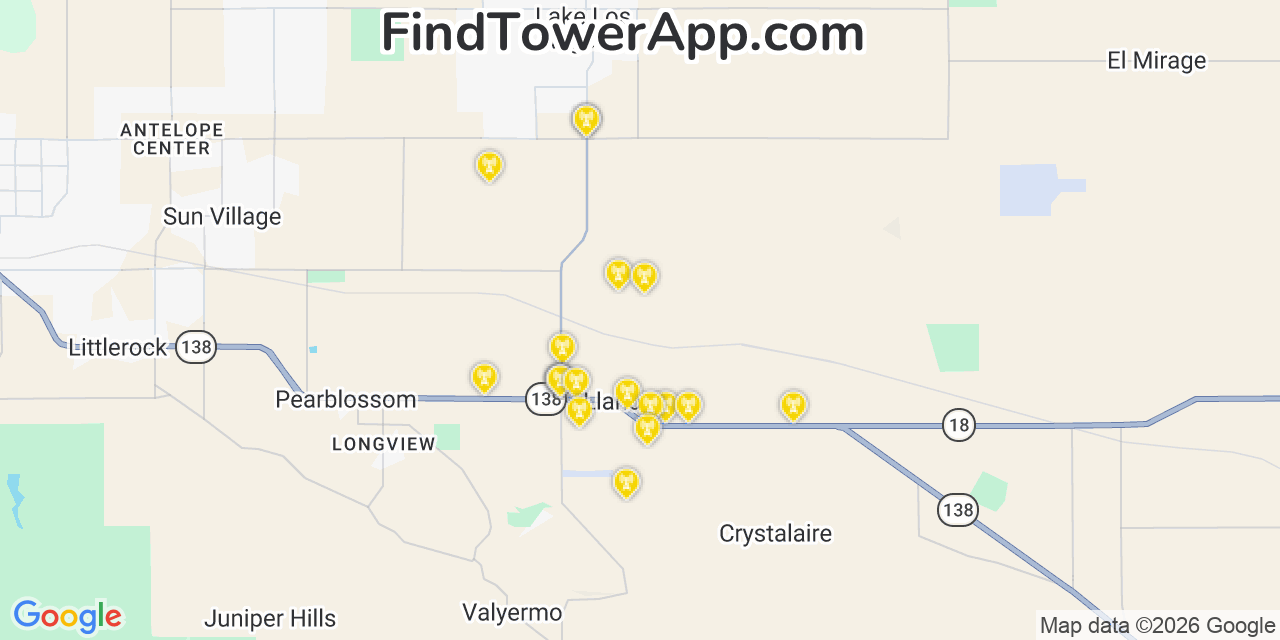 Map showing the 20 primary cell tower locations detected in Piãƒæ’ã‚Â¯ãƒâ€Šã‚Â¿Ãƒâ€Šã‚Â½On Hills, California from AT&T, Verizon, and T-Mobile networks