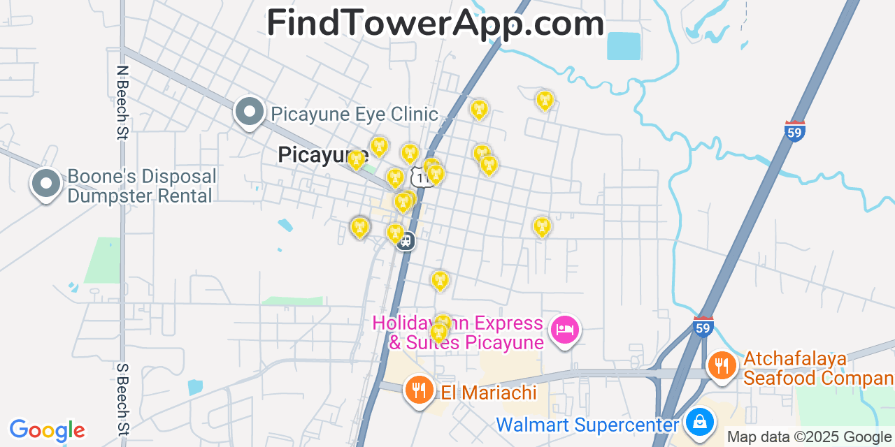 Map showing the 20 primary cell tower locations detected in Picayune, Mississippi from AT&T, Verizon, and T-Mobile networks