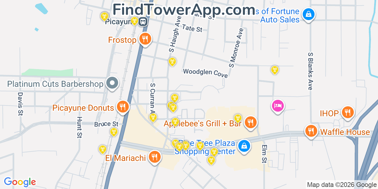 Map showing the 20 primary cell tower locations detected in Picayune, Mississippi from AT&T, Verizon, and T-Mobile networks