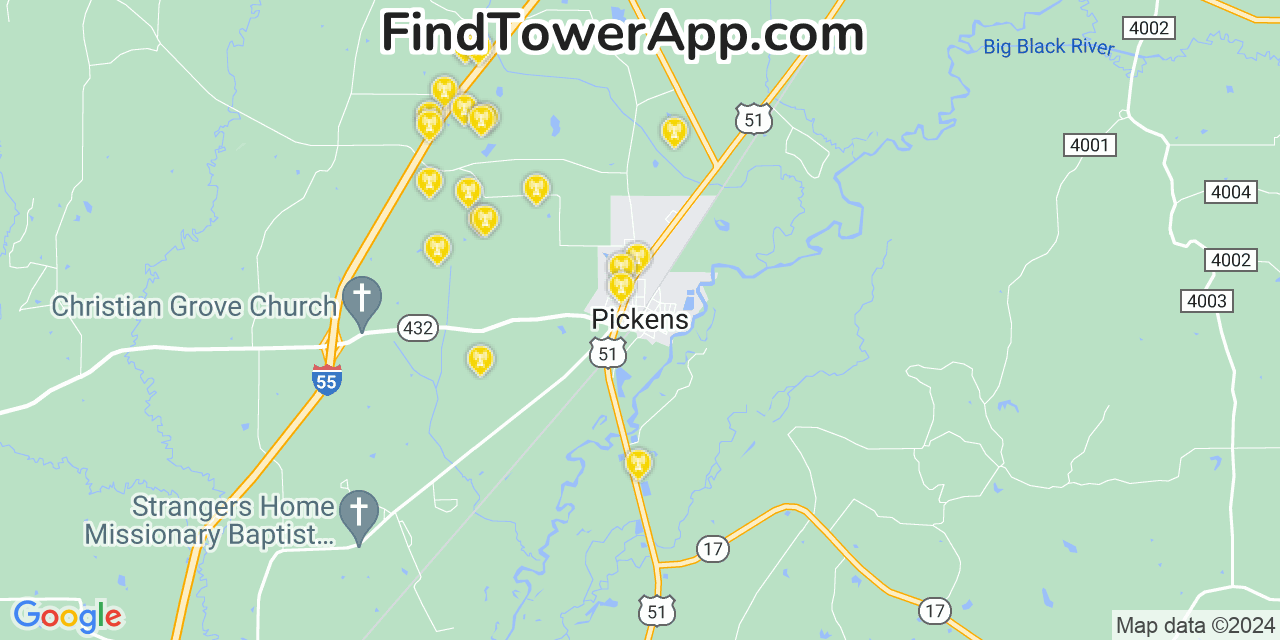 AT&T 4G/5G cell tower coverage map Pickens, Mississippi