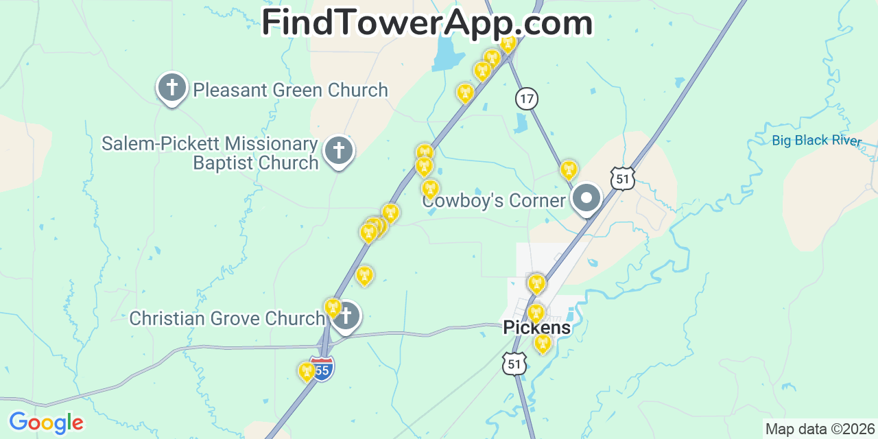 Map showing the 20 primary cell tower locations detected in Pickens, Mississippi from AT&T, Verizon, and T-Mobile networks