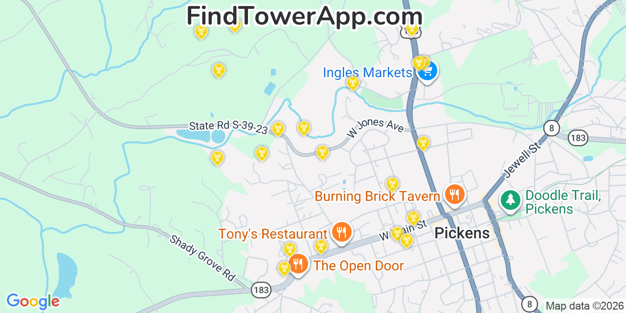 Map showing the 20 primary cell tower locations detected in Pickens, South Carolina from AT&T, Verizon, and T-Mobile networks