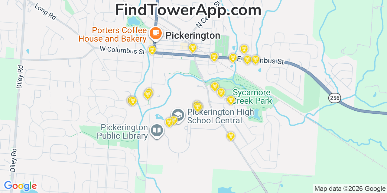 Map showing the 20 primary cell tower locations detected in Pickerington, Ohio from AT&T, Verizon, and T-Mobile networks
