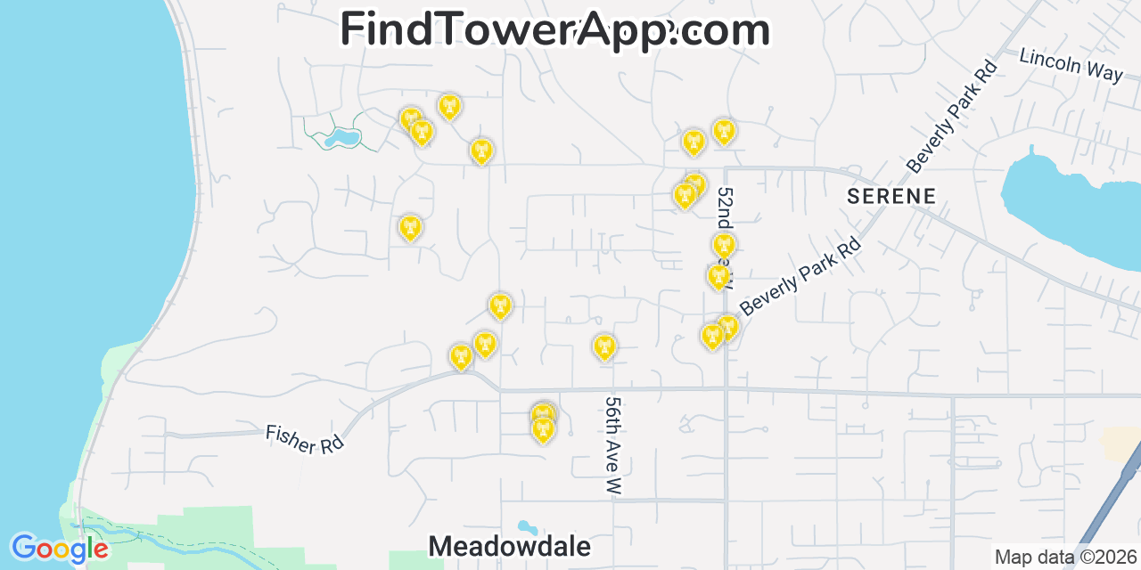 Map showing the 20 primary cell tower locations detected in Picnic Point North Lynnwood, Washington from AT&T, Verizon, and T-Mobile networks