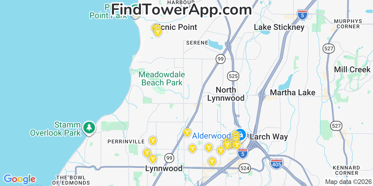 Map showing the 20 primary cell tower locations detected in Picnic Point, Washington from AT&T, Verizon, and T-Mobile networks