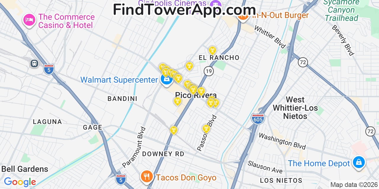 Map showing the 20 primary cell tower locations detected in Pico Rivera, California from AT&T, Verizon, and T-Mobile networks