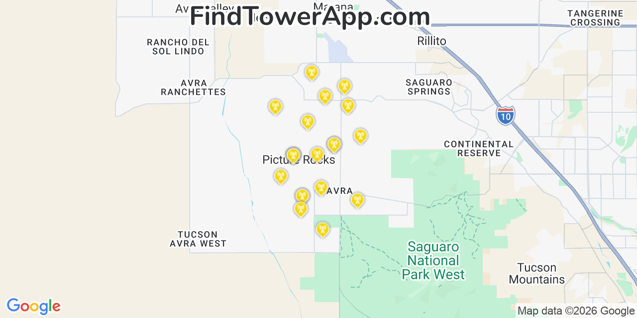Map showing the 20 primary cell tower locations detected in Picture Rocks, Arizona from AT&T, Verizon, and T-Mobile networks