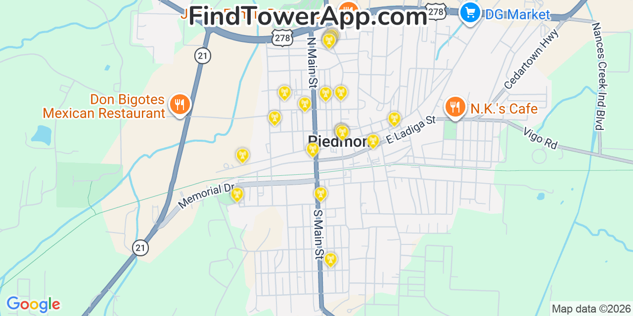 Map showing the 20 primary cell tower locations detected in Piedmont, Alabama from AT&T, Verizon, and T-Mobile networks