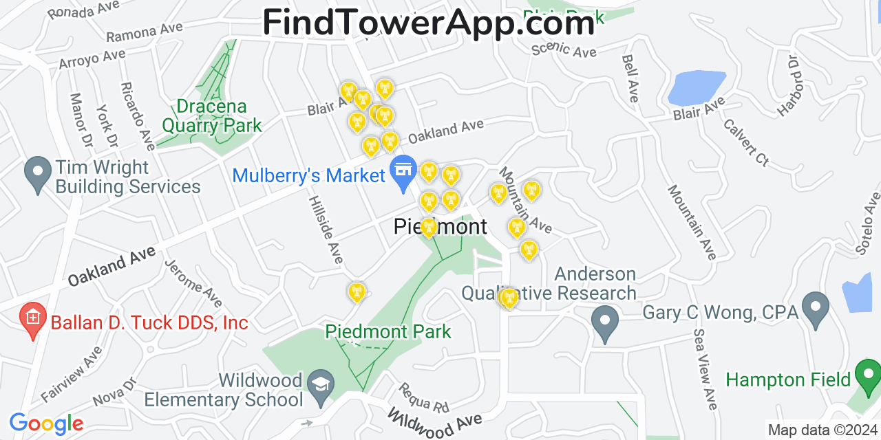 AT&T 4G/5G cell tower coverage map Piedmont, California