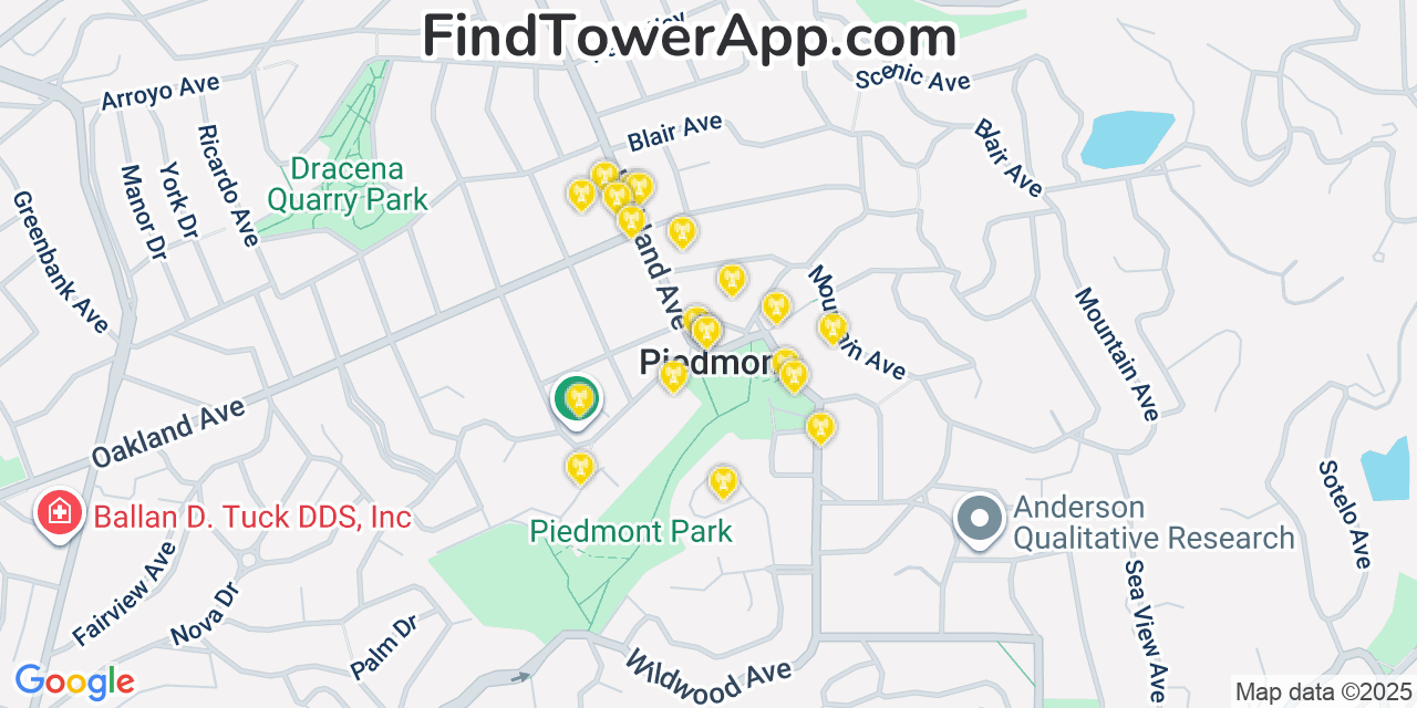 Map showing the 20 primary cell tower locations detected in Piedmont, California from AT&T, Verizon, and T-Mobile networks