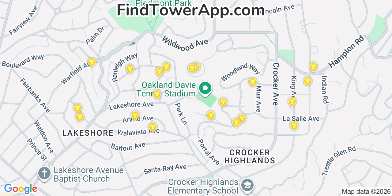 Map showing the 20 primary cell tower locations detected in Piedmont, California from AT&T, Verizon, and T-Mobile networks