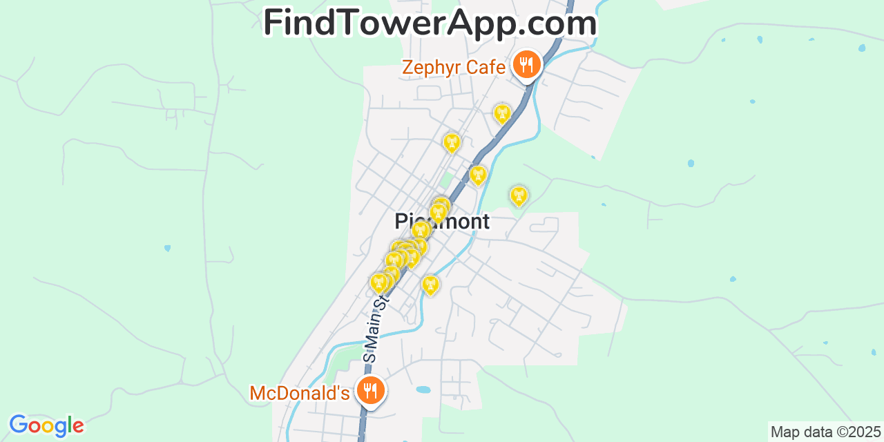 Map showing the 20 primary cell tower locations detected in Piedmont, Missouri from AT&T, Verizon, and T-Mobile networks