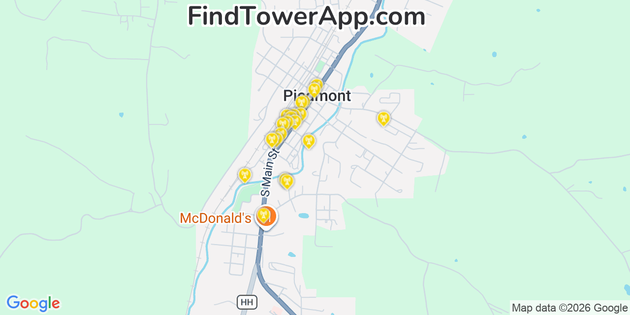 Map showing the 20 primary cell tower locations detected in Piedmont, Missouri from AT&T, Verizon, and T-Mobile networks