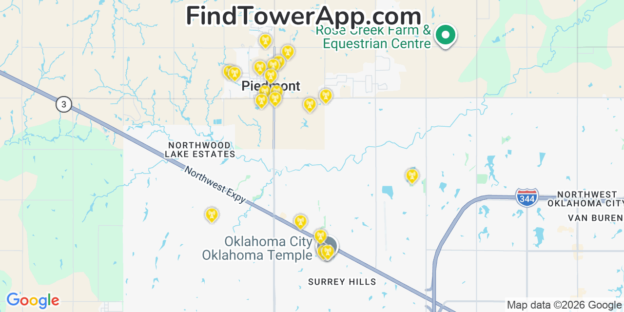 Map showing the 20 primary cell tower locations detected in Piedmont, Oklahoma from AT&T, Verizon, and T-Mobile networks