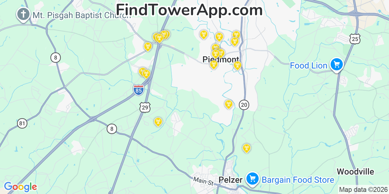 Map showing the 20 primary cell tower locations detected in Piedmont, South Carolina from AT&T, Verizon, and T-Mobile networks