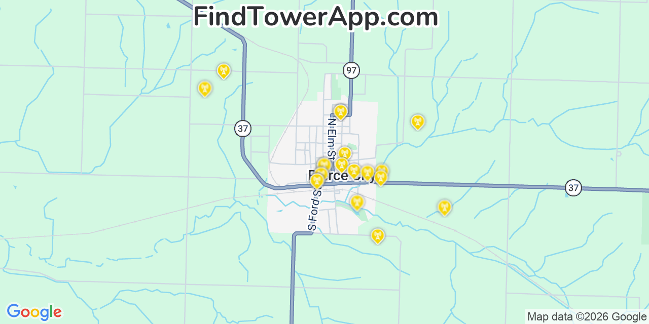 Map showing the 20 primary cell tower locations detected in Pierce City, Missouri from AT&T, Verizon, and T-Mobile networks