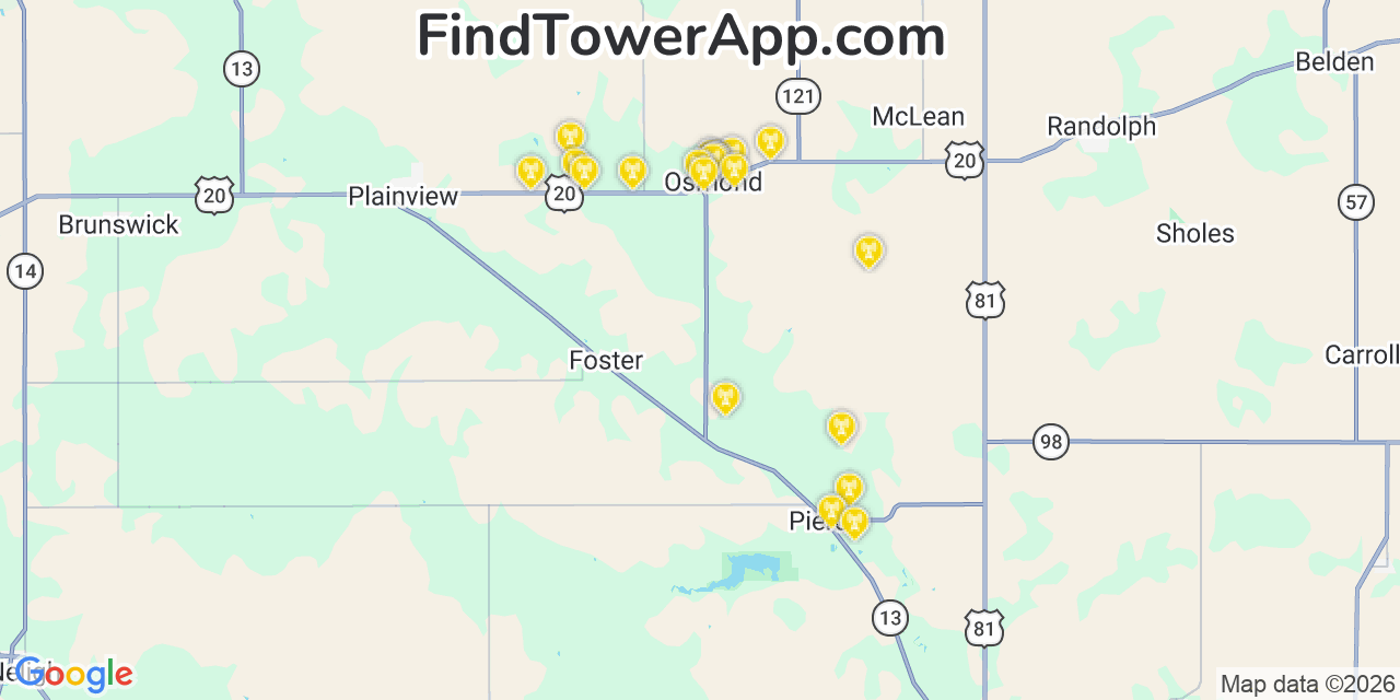 Map showing the 20 primary cell tower locations detected in Pierce, Nebraska from AT&T, Verizon, and T-Mobile networks