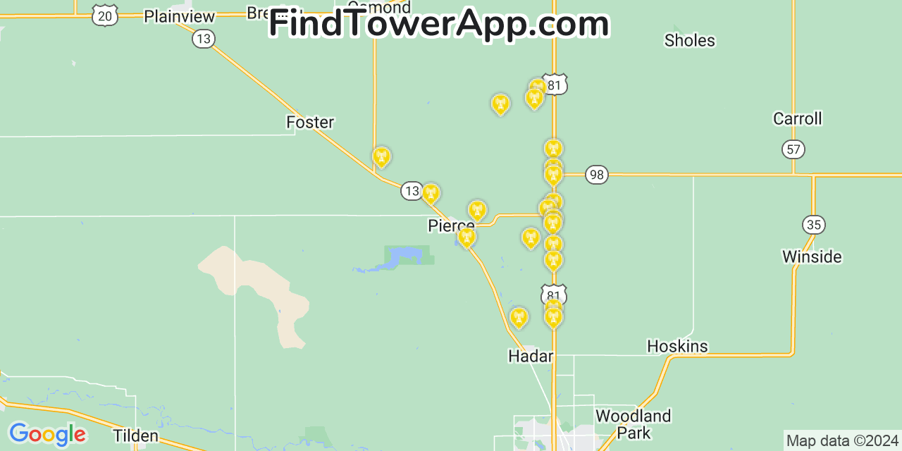 Verizon 4G/5G cell tower coverage map Pierce, Nebraska