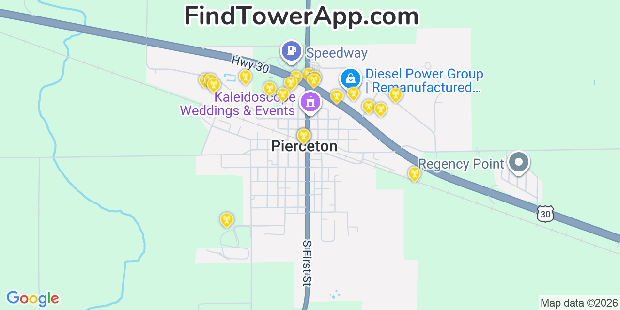Map showing the 20 primary cell tower locations detected in Pierceton, Indiana from AT&T, Verizon, and T-Mobile networks