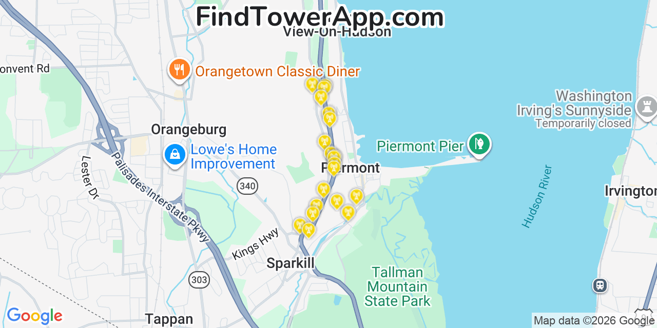 Map showing the 20 primary cell tower locations detected in Piermont, New York from AT&T, Verizon, and T-Mobile networks