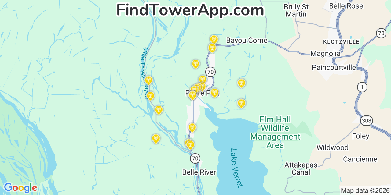 Map showing the 20 primary cell tower locations detected in Pierre Part, Louisiana from AT&T, Verizon, and T-Mobile networks