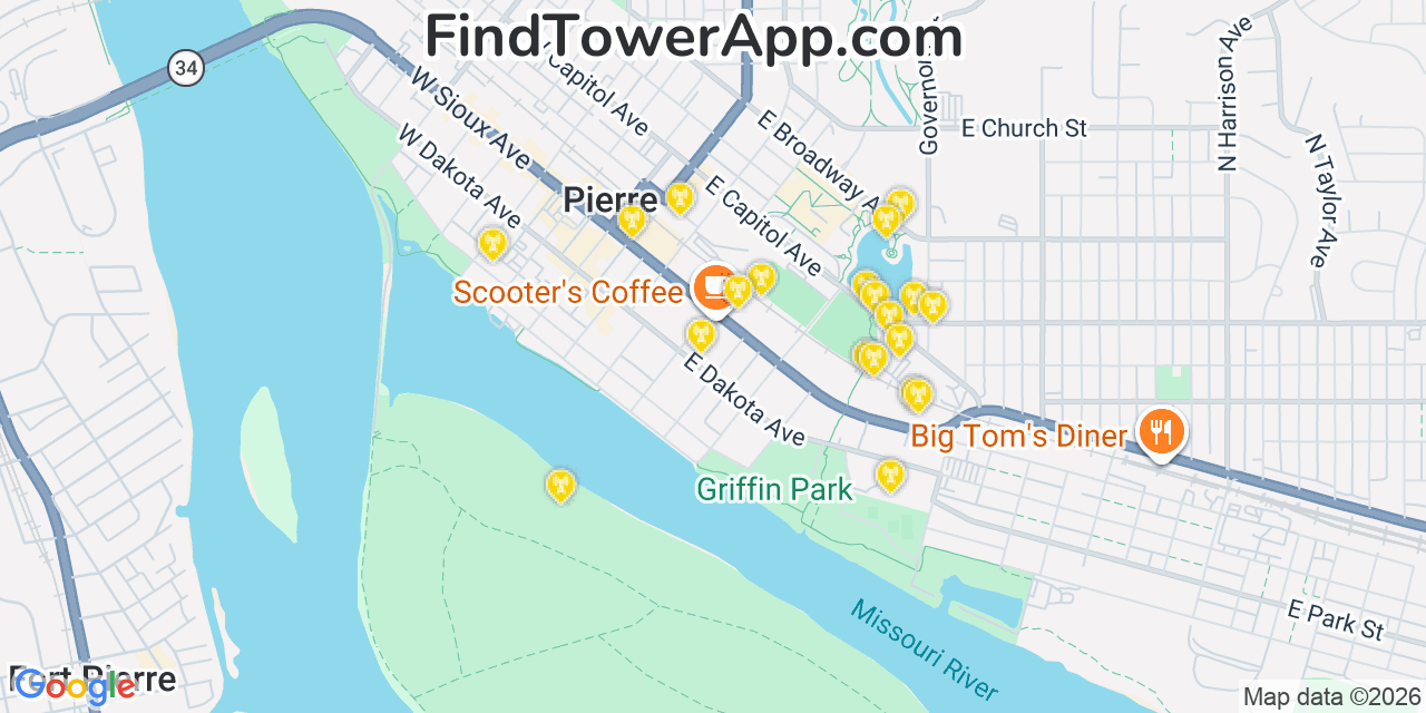 Map showing the 20 primary cell tower locations detected in Pierre, South Dakota from AT&T, Verizon, and T-Mobile networks