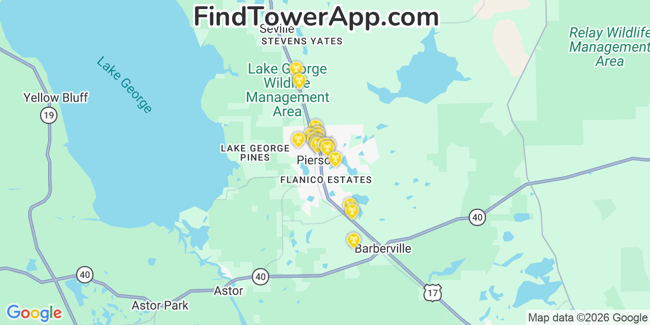Map showing the 20 primary cell tower locations detected in Pierson, Florida from AT&T, Verizon, and T-Mobile networks
