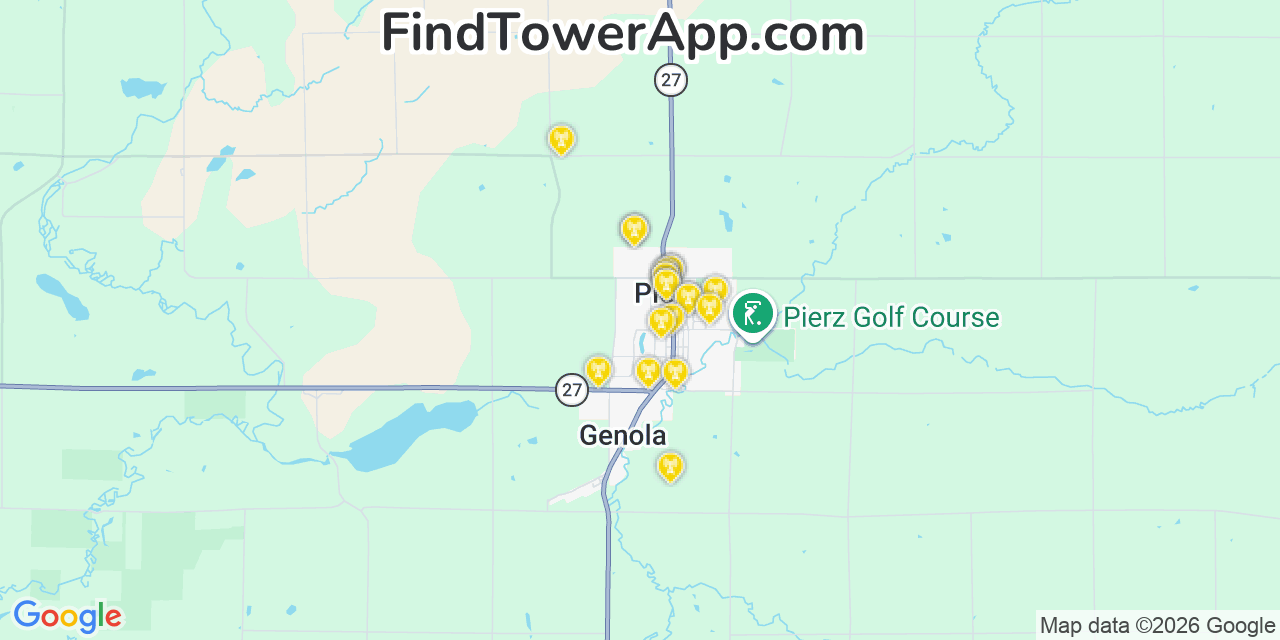 Map showing the 20 primary cell tower locations detected in Pierz, Minnesota from AT&T, Verizon, and T-Mobile networks