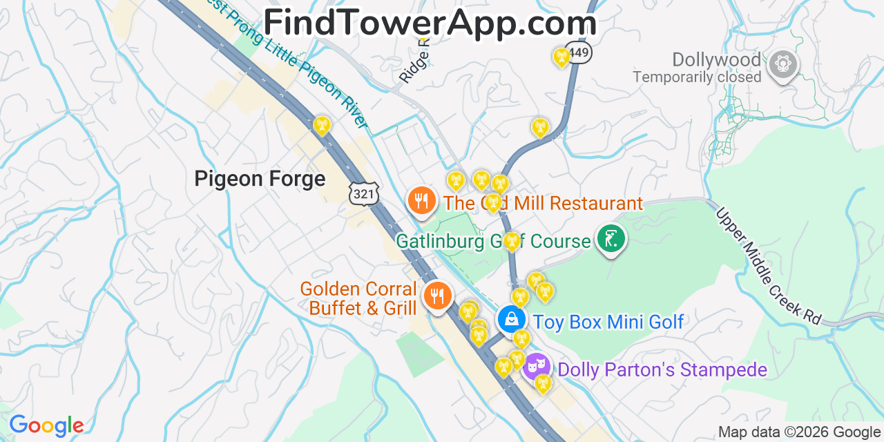 Map showing the 20 primary cell tower locations detected in Pigeon Forge, Tennessee from AT&T, Verizon, and T-Mobile networks