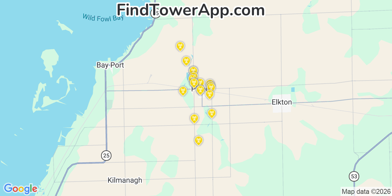 Map showing the 20 primary cell tower locations detected in Pigeon, Michigan from AT&T, Verizon, and T-Mobile networks