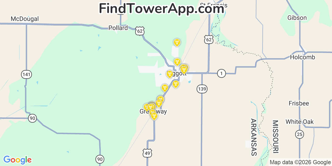 Map showing the 20 primary cell tower locations detected in Piggott, Arkansas from AT&T, Verizon, and T-Mobile networks