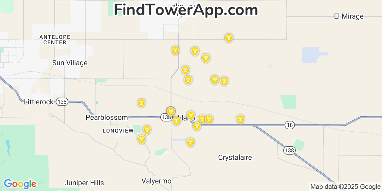 Map showing the 21 primary T-Mobile cell tower locations detected in Piï¿½On Hills, California with coverage radius and signal strength indicators