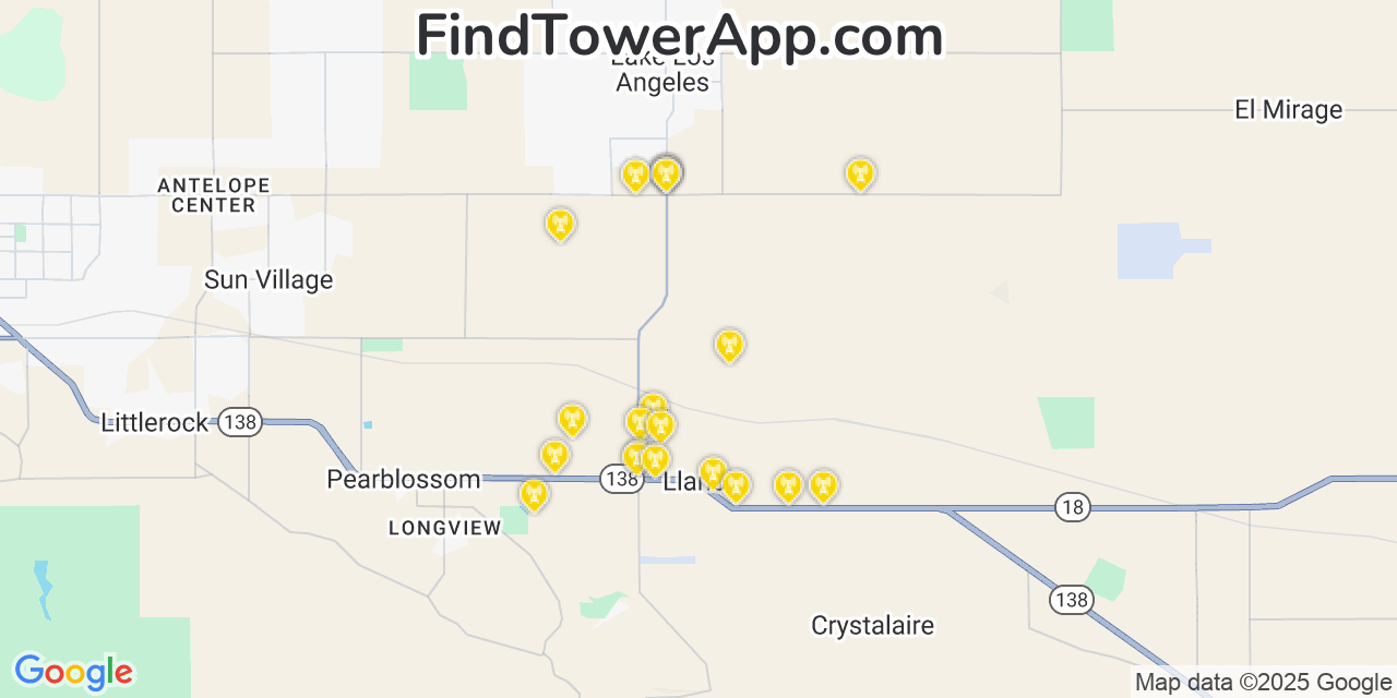 Map showing the 21 primary Verizon cell tower locations detected in Piï¿½On Hills, California with coverage radius and signal strength indicators