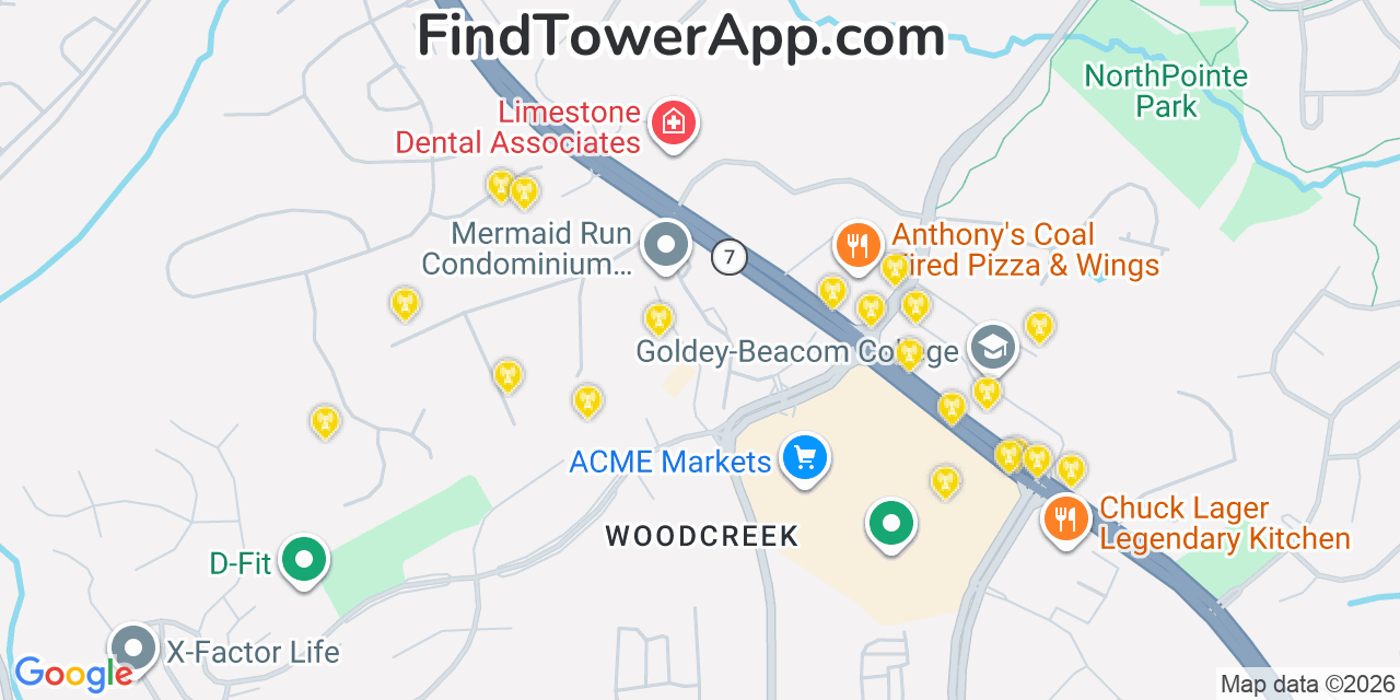 Map showing the 20 primary cell tower locations detected in Pike Creek, Delaware from AT&T, Verizon, and T-Mobile networks