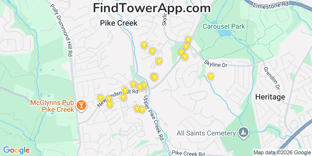 Map showing the 20 primary cell tower locations detected in Pike Creek Valley, Delaware from AT&T, Verizon, and T-Mobile networks