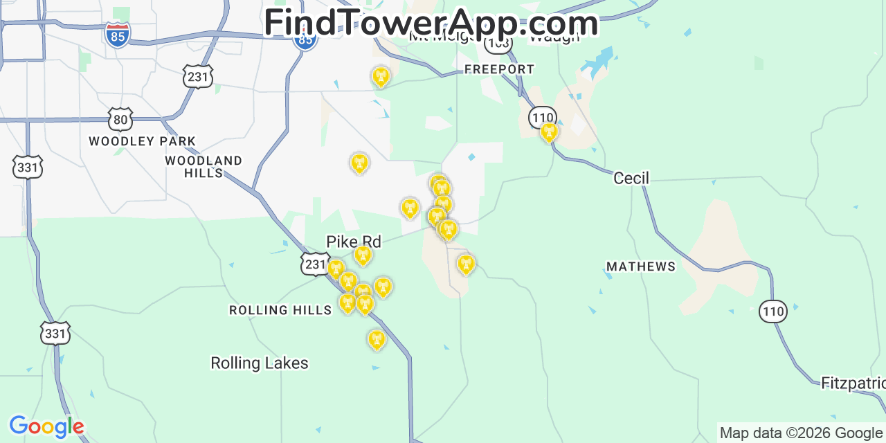 Map showing the 20 primary cell tower locations detected in Pike Road, Alabama from AT&T, Verizon, and T-Mobile networks